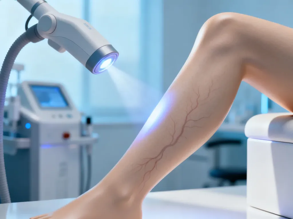 Głowica lasera medycznego podczas zabiegu usuwania żylaków, ukazująca przejście od widocznych zmian do gładkiej skóry.