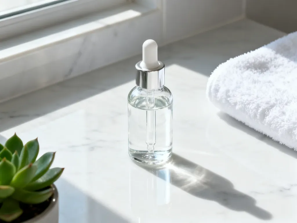 Szklana buteleczka z serum z kwasem salicylowym na marmurowym blacie obok ręcznika i rośliny, podkreślająca pielęgnację skóry.
