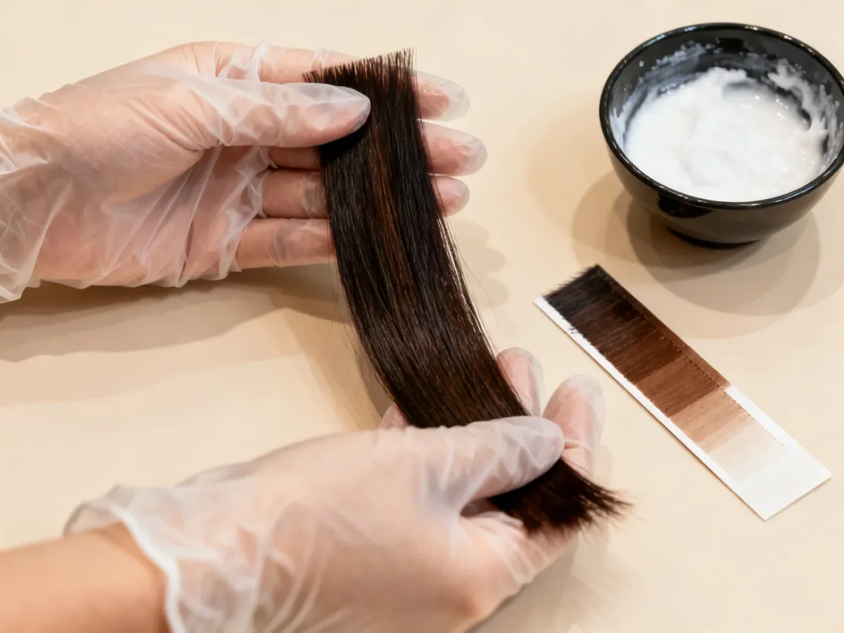 Stylist examining a strand of dyed hair before color removal