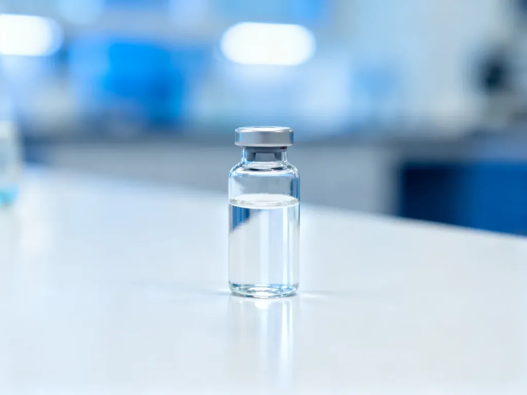 Szklana fiolka z przezroczystym płynem na sterylnym, laboratoryjnym podłożu, symbolizująca preparat toksyny botulinowej.