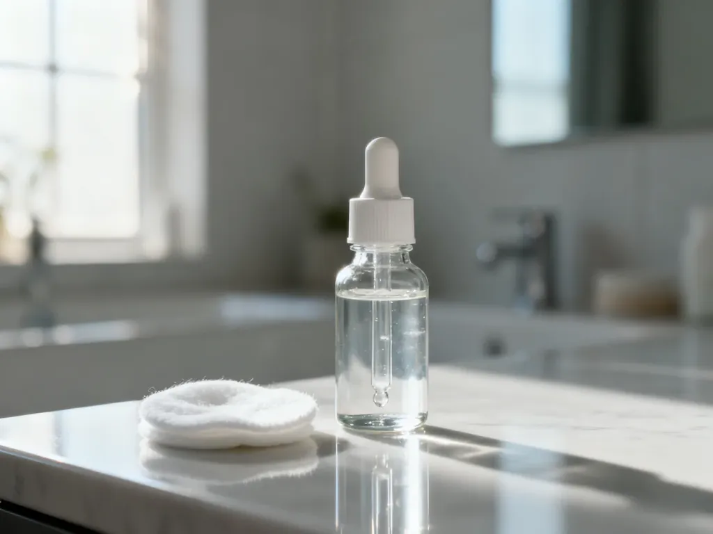 Serum z kwasem salicylowym i płatek kosmetyczny na blacie w łazience, ilustrujące codzienną pielęgnację skóry.