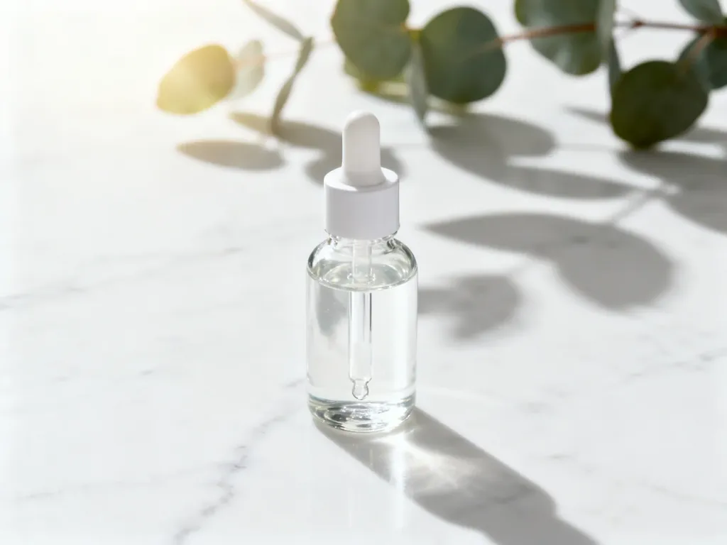 Szklana buteleczka z serum z niacynamidem na marmurowym blacie w otoczeniu roślin, podkreślająca profesjonalną pielęgnację.