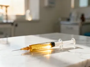 Miska z przygotowaną maską drożdżową do włosów oraz świeże drożdże na drewnianym blacie w jasnej łazience.