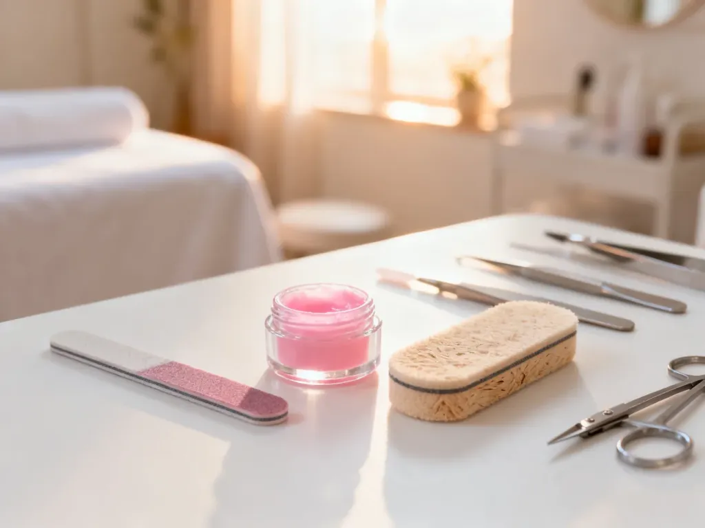 Profesjonalne narzędzia do manicure japońskiego oraz pasta polerująca na jasnym tle, tworzące relaksującą atmosferę spa.