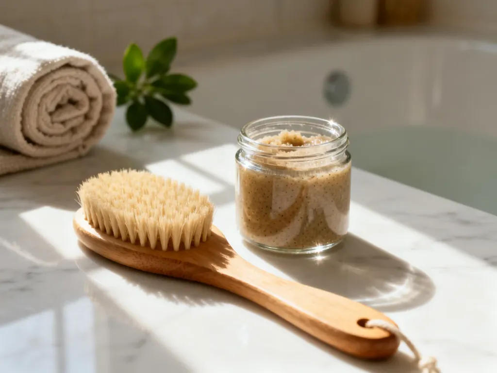 Drewniana szczotka do masażu i peeling w szklanym słoiku na marmurowym blacie, gotowe do domowego zabiegu antycellulitowego.