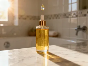 Bursztynowa buteleczka z serum na marmurowym blacie w minimalistycznym laboratorium kosmetycznym.