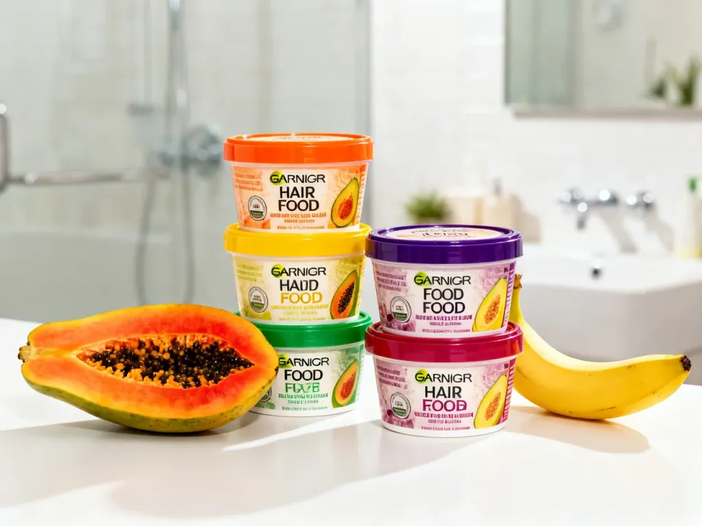 Kolorowe opakowania masek Garnier Hair Food w otoczeniu świeżych owoców papai i banana na białym tle.