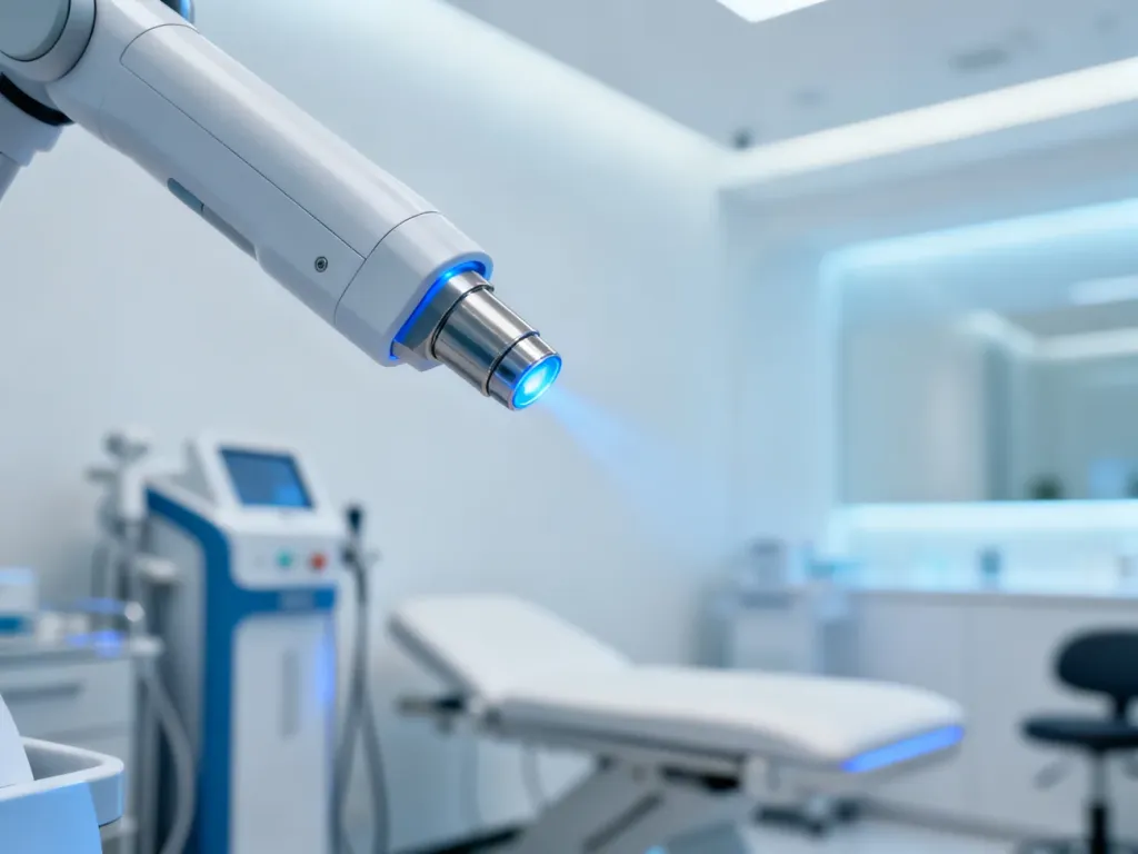Profesjonalny laser medyczny do usuwania tatuażu emitujący precyzyjną wiązkę światła w sterylnym gabinecie.