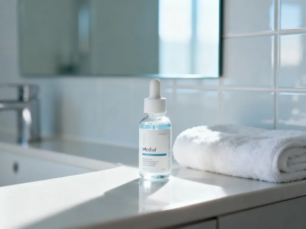 Butelka specjalistycznego serum do pielęgnacji skóry i miękki ręcznik na łazienkowej półce, podkreślające higienę i leczenie.