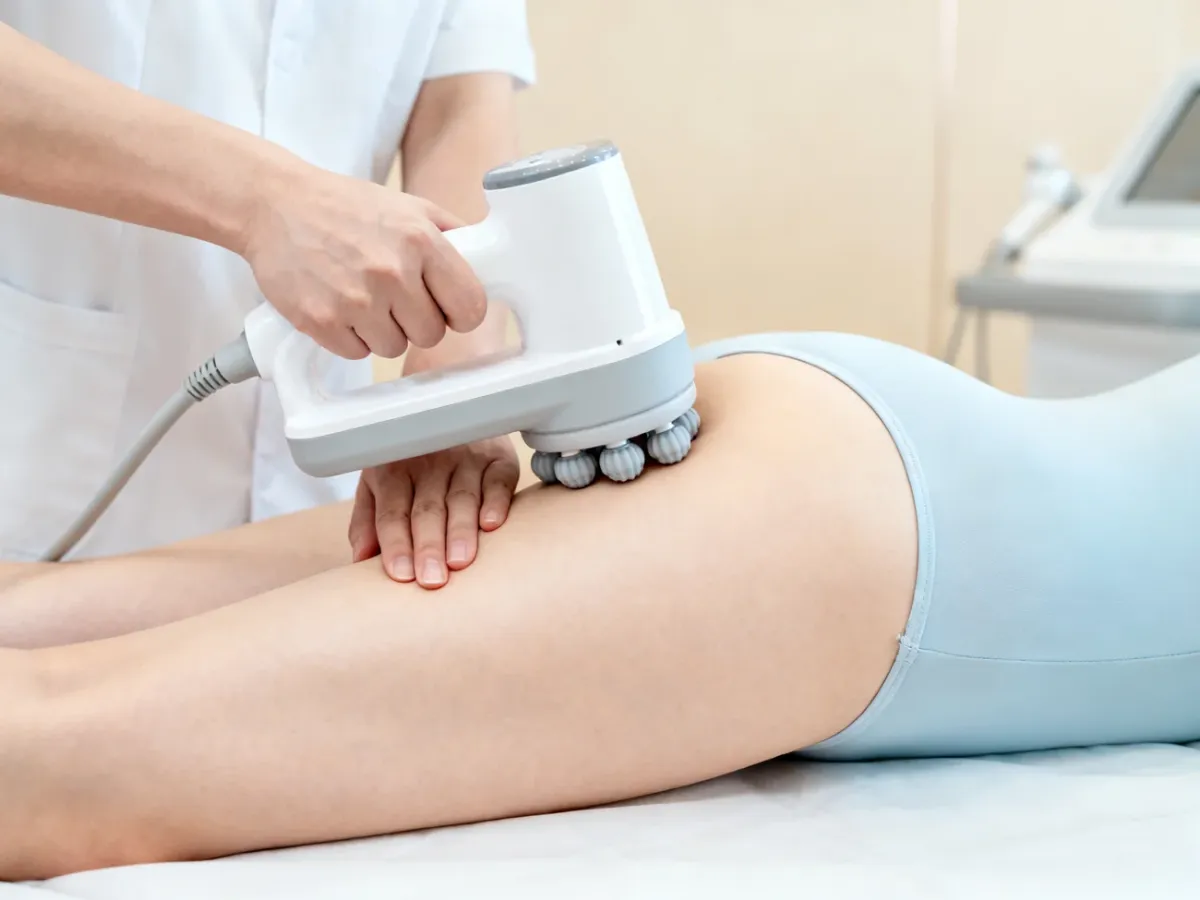 Zabieg endermologii głowicą z rolkami na udzie osoby w kostiumie zabiegowym