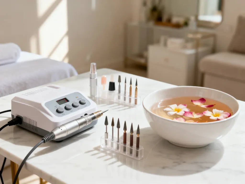 Profesjonalny zestaw do pedicure frezarkowego z akcesoriami i miską z wodą na marmurowym blacie w salonie spa.
