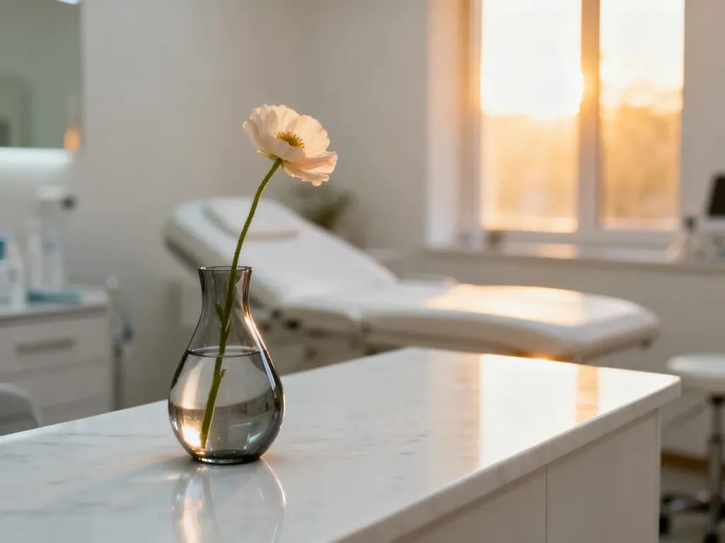 Minimalistyczne wnętrze kliniki medycyny estetycznej z kwiatem na marmurowym blacie, tworzące atmosferę spokoju i elegancji.