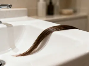 Szklana buteleczka z serum z kwasem migdałowym na marmurowym blacie w otoczeniu roślin, podkreślająca pielęgnacyjny charakter.