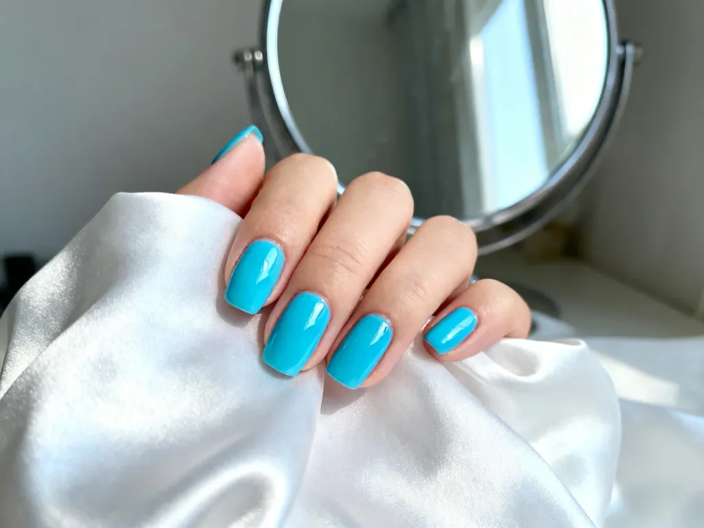 Dłonie z eleganckim, błękitnym manicure na tle białego jedwabiu, podkreślające estetykę i styl niebieskich paznokci.