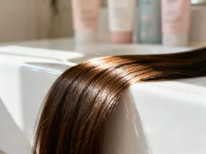 Elegancka buteleczka z serum do twarzy na marmurowym blacie w otoczeniu liści eukaliptusa, podkreślająca luksusową pielęgnację.
