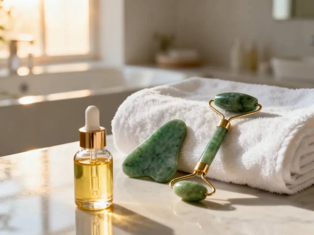 Jadeitowy roller i płytka gua sha obok olejku do twarzy na białym ręczniku w minimalistycznym wnętrzu spa.