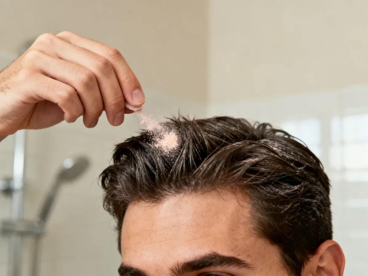 A person applying hair powder to dry roots to add volume