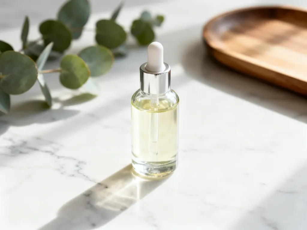 Szklana buteleczka z organicznym serum na marmurowym blacie w otoczeniu gałązek eukaliptusa.
