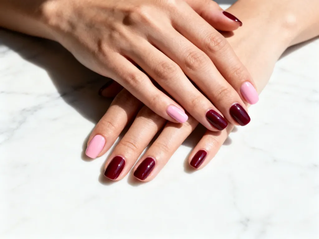 Dłonie z profesjonalnym manicure w kolorach pastelowego różu i głębokiego burgunda na marmurowym blacie.