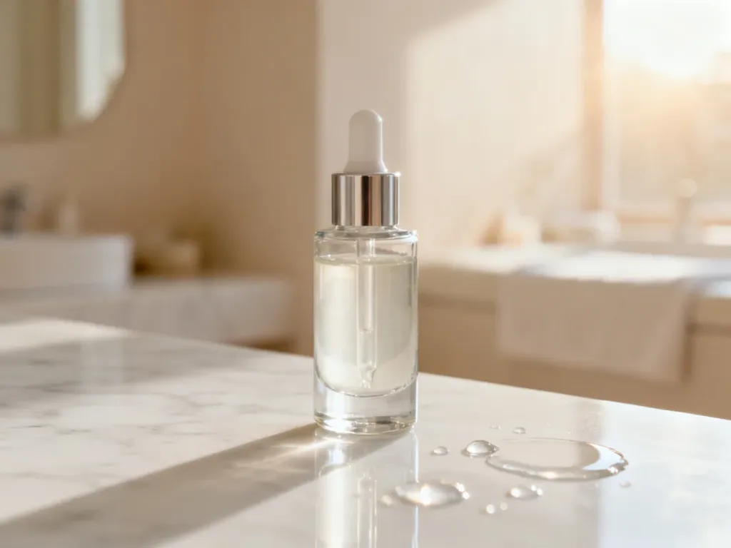 Elegancka buteleczka serum nawilżającego na marmurowym blacie, symbolizująca pielęgnację przeciwzmarszczkową.