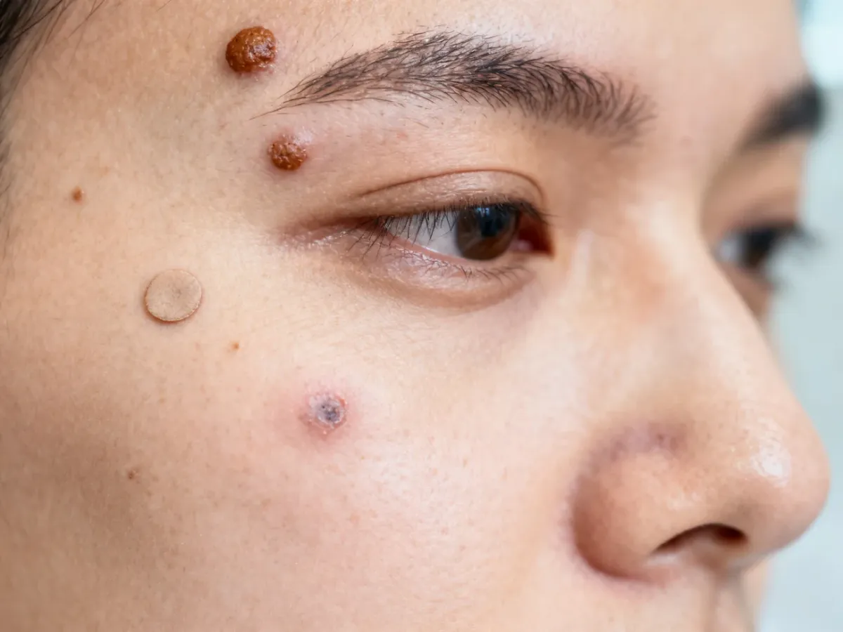 Zbliżenie różnych zmian skórnych na twarzy w gabinecie dermatologicznym