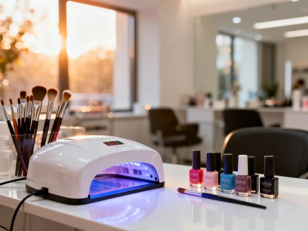 Profesjonalne stanowisko do manicure z lampą UV, żelami i pędzelkami na białym blacie w nowoczesnym salonie kosmetycznym.