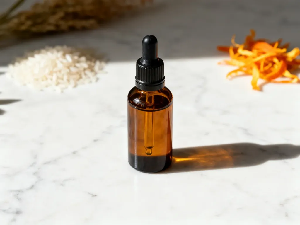 Bursztynowa buteleczka z serum na marmurowym blacie w otoczeniu naturalnych składników roślinnych.