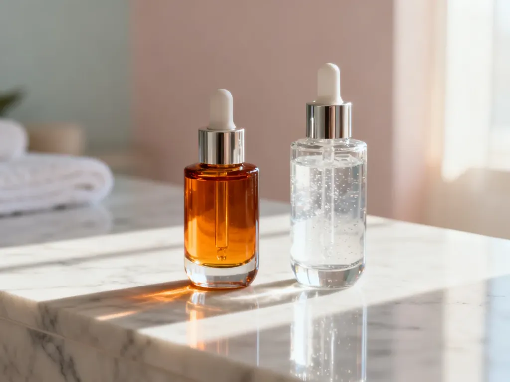 Eleganckie buteleczki z serum i żelem nawilżającym na marmurowym blacie, prezentujące produkty do pielęgnacji skóry.
