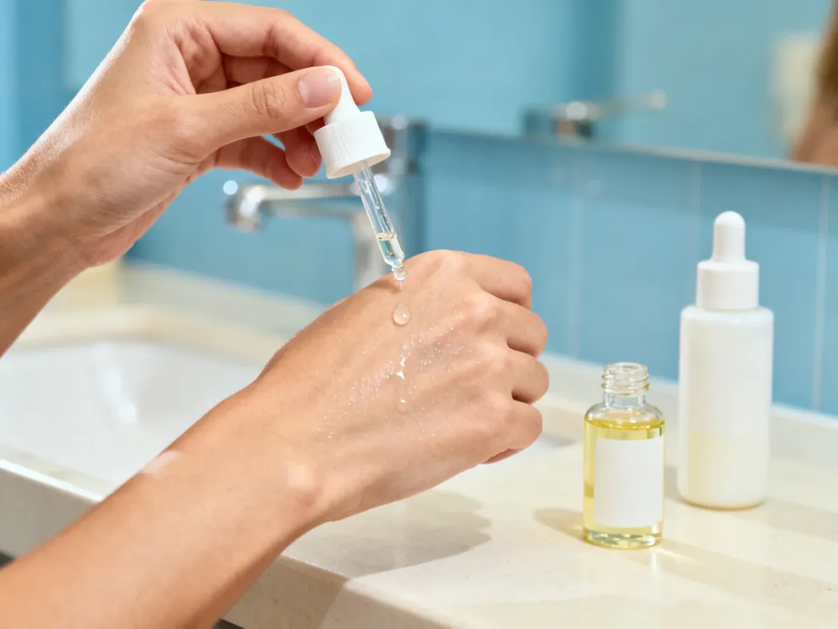 Aplikacja serum z kwasem hialuronowym na wilgotną skórę twarzy