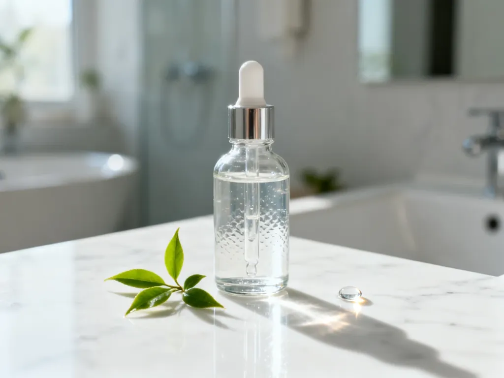 Szklana buteleczka z serum z kwasem salicylowym na marmurowym blacie z listkami herbaty, podkreślająca minimalistyczny skład.
