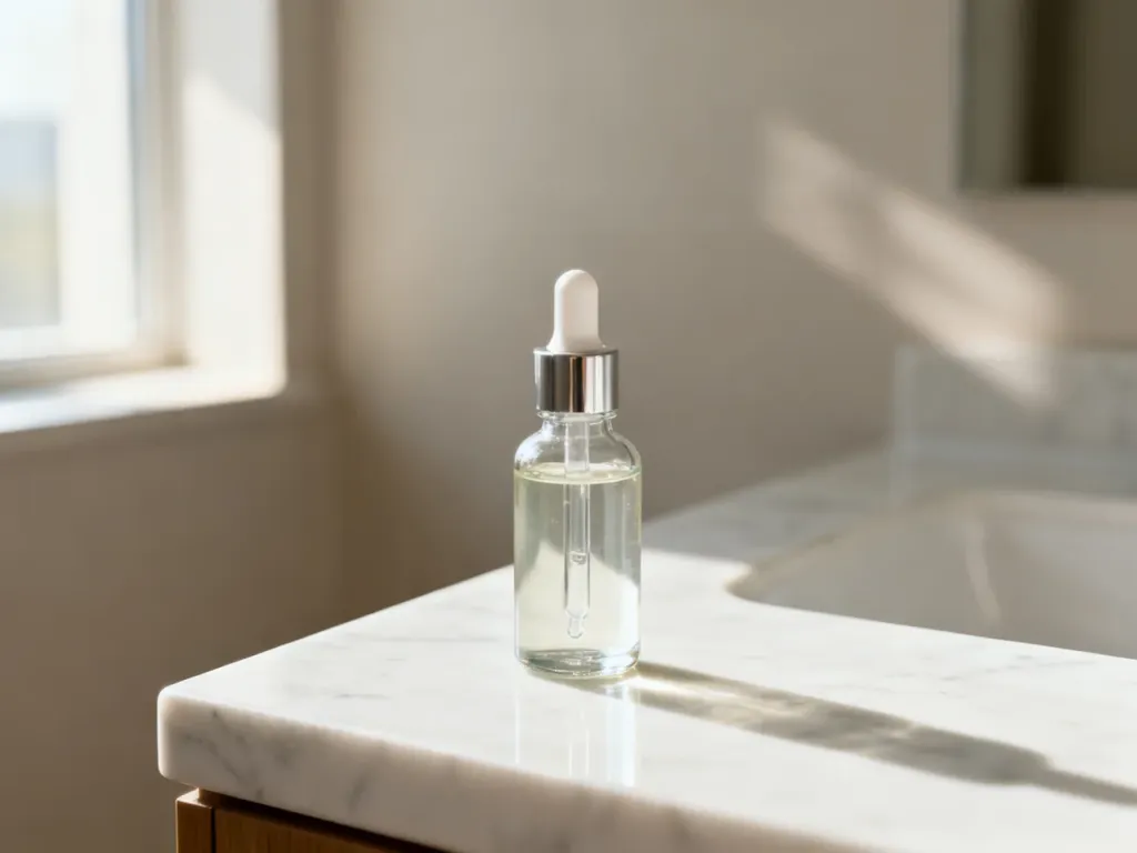 Szklana buteleczka serum łagodzącego na marmurowym blacie w minimalistycznej łazience.