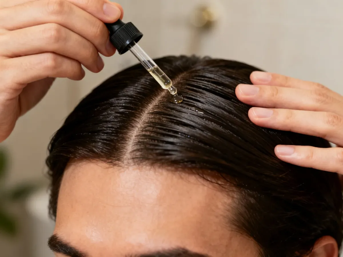 A person applying scalp treatment along hair partings with a pipette