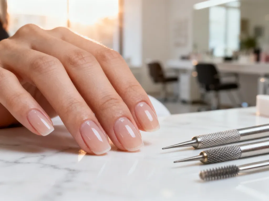 Profesjonalnie wykonany manicure kombinowany z precyzyjnie opracowanymi skórkami i narzędziami na marmurowym blacie.