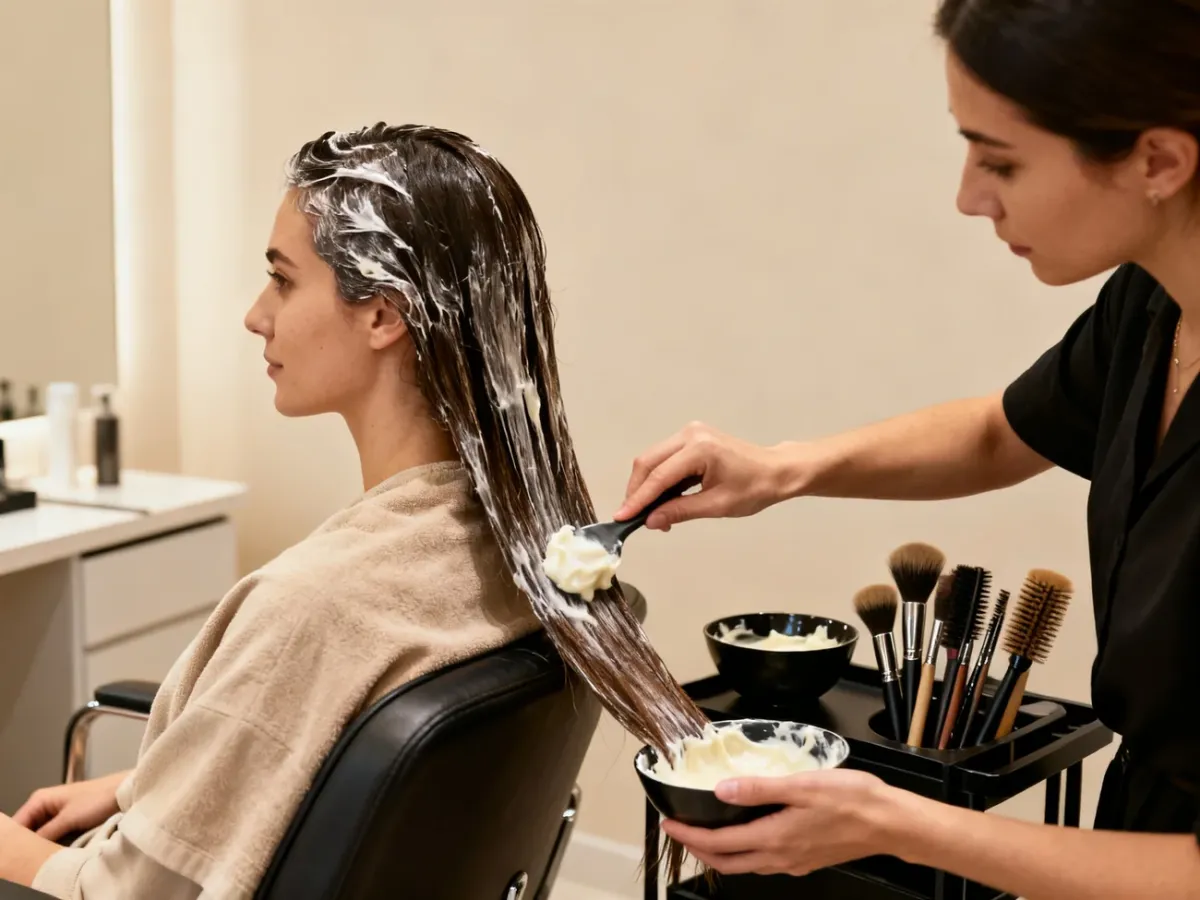 Stylist applying a conditioning reconstruction treatment to damaged hair in a salon