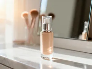 Szklana buteleczka z organicznym serum na marmurowym blacie w otoczeniu gałązek eukaliptusa.