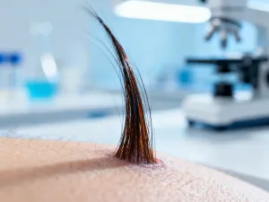 Szklana buteleczka ze złotym olejkiem do włosów na marmurowym blacie w otoczeniu lawendy i miękkiego ręcznika.