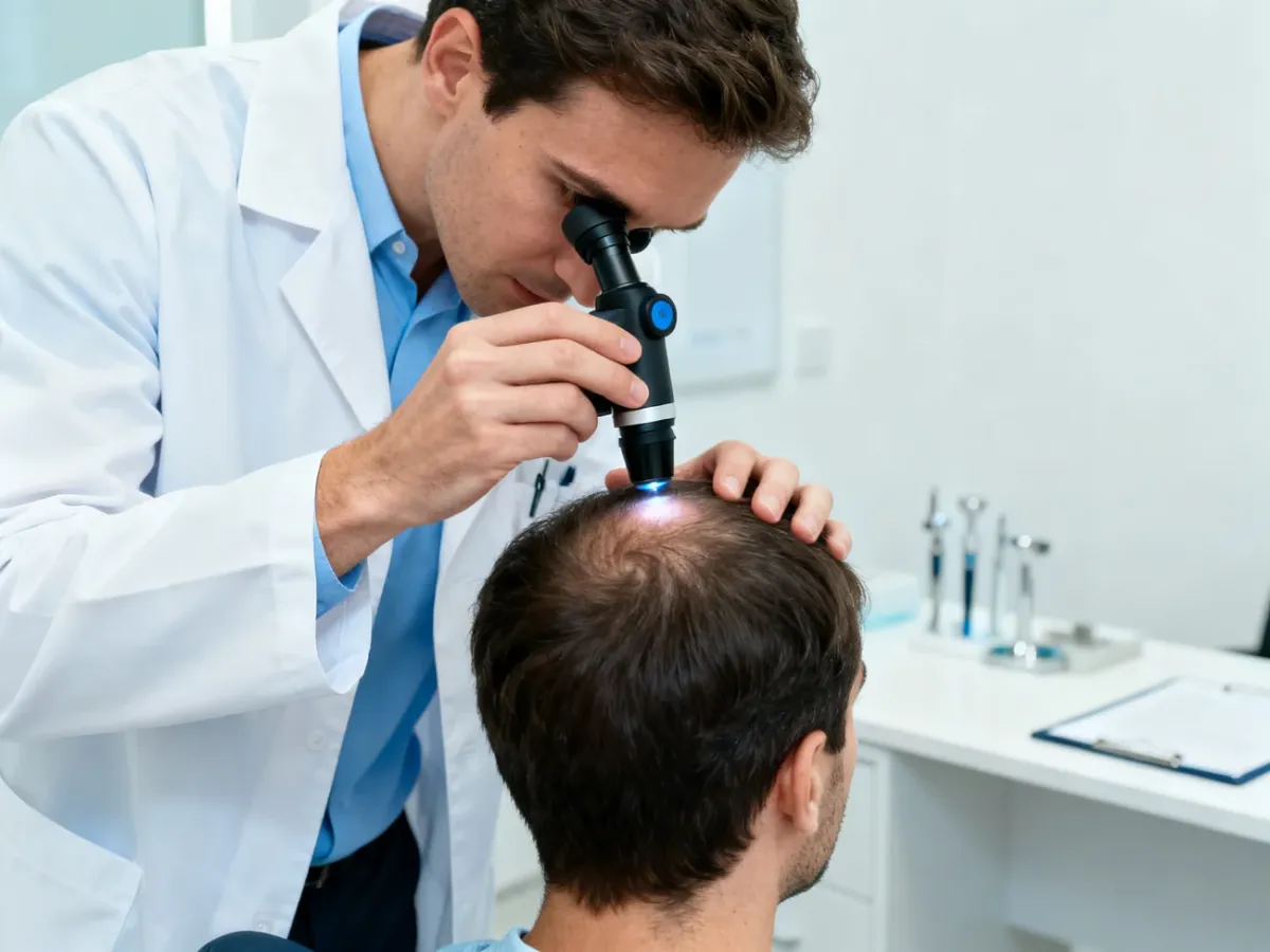Dermatolog bada skórę głowy pacjenta za pomocą dermatoskopu