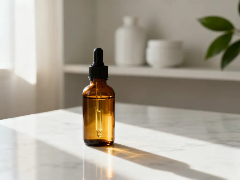 Bursztynowa buteleczka z serum na marmurowym blacie w minimalistycznym laboratorium kosmetycznym.