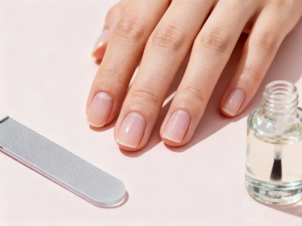 Zadbane paznokcie z profesjonalnymi akcesoriami do manicure, takimi jak szklany pilnik i oliwka, na pastelowym tle.