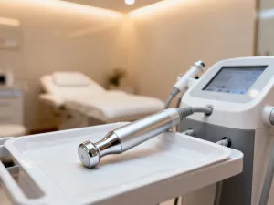 Przezroczysta kropla żelu z kwasem hialuronowym na szklanej powierzchni w sterylnym, laboratoryjnym otoczeniu.