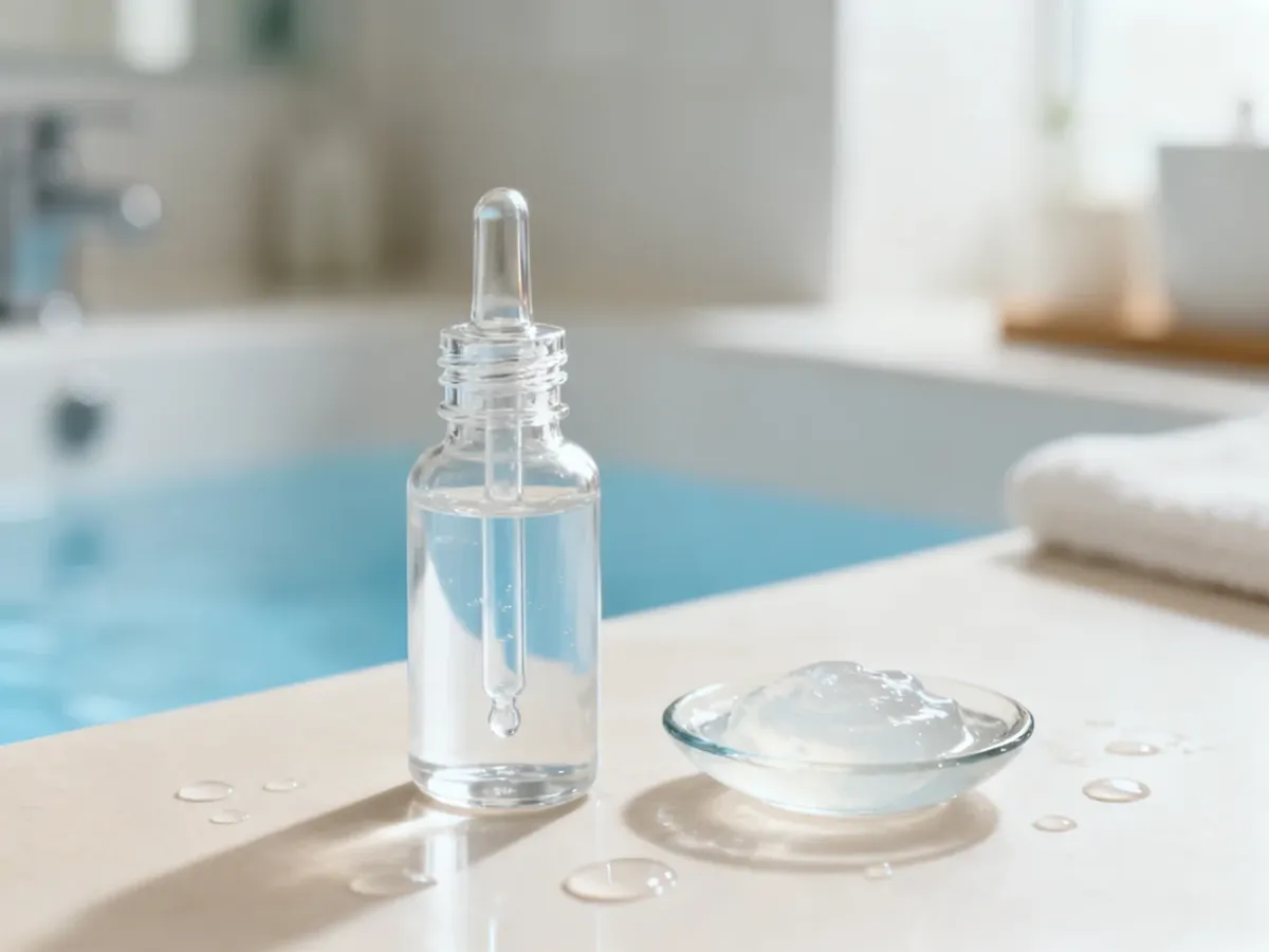 Serum z kwasem hialuronowym w butelce z pipetą i kroplami wody