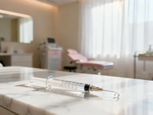 Głowica lasera medycznego nad gładką skórą nogi w profesjonalnym gabinecie medycyny estetycznej.