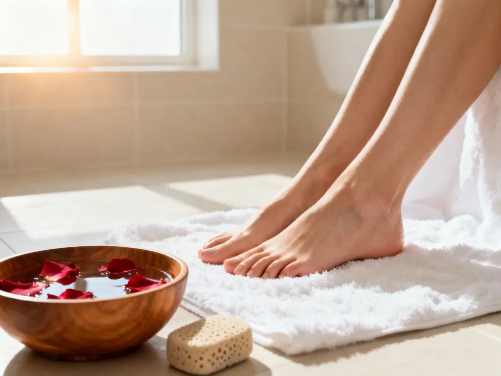 Zadbane kobiece stopy w domowym spa z misą wody, płatkami róż i pumeksem, podkreślające pielęgnację skóry.