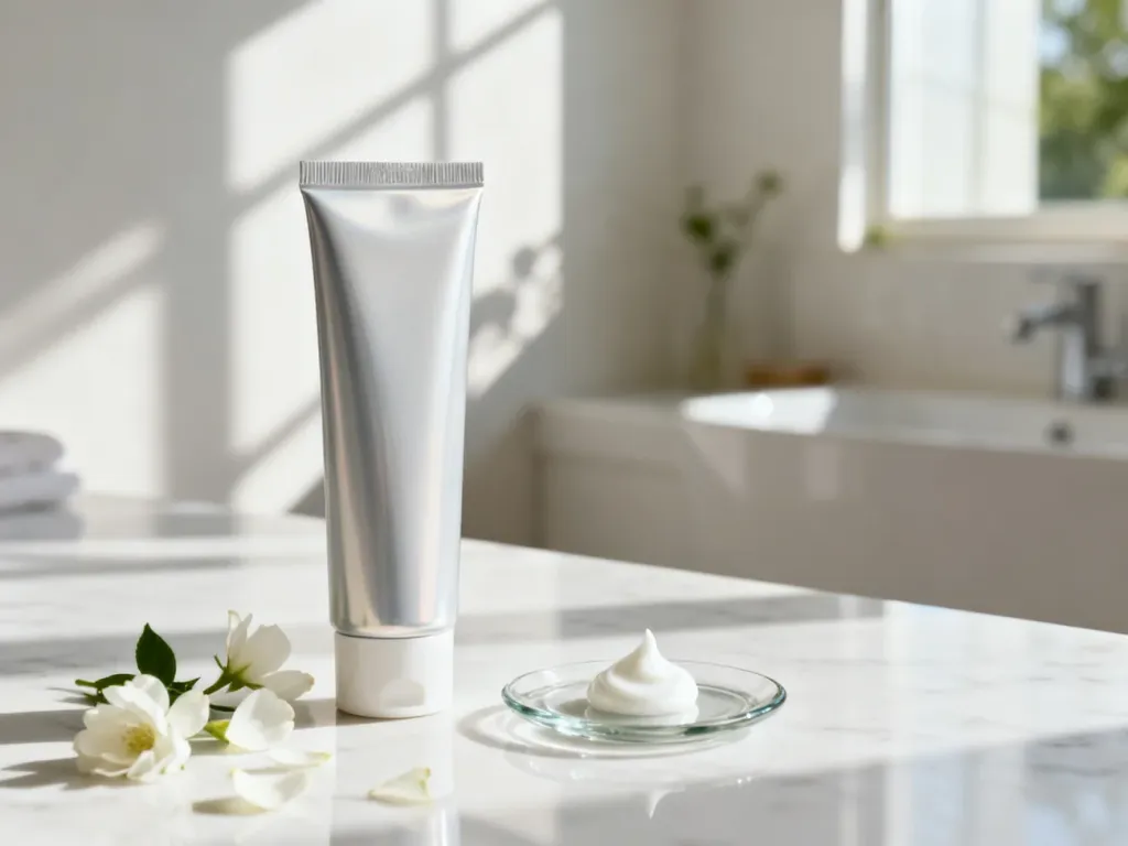 Elegancka tubka kremu z filtrem SPF na marmurowym blacie w otoczeniu kwiatów, podkreślająca codzienną pielęgnację skóry.