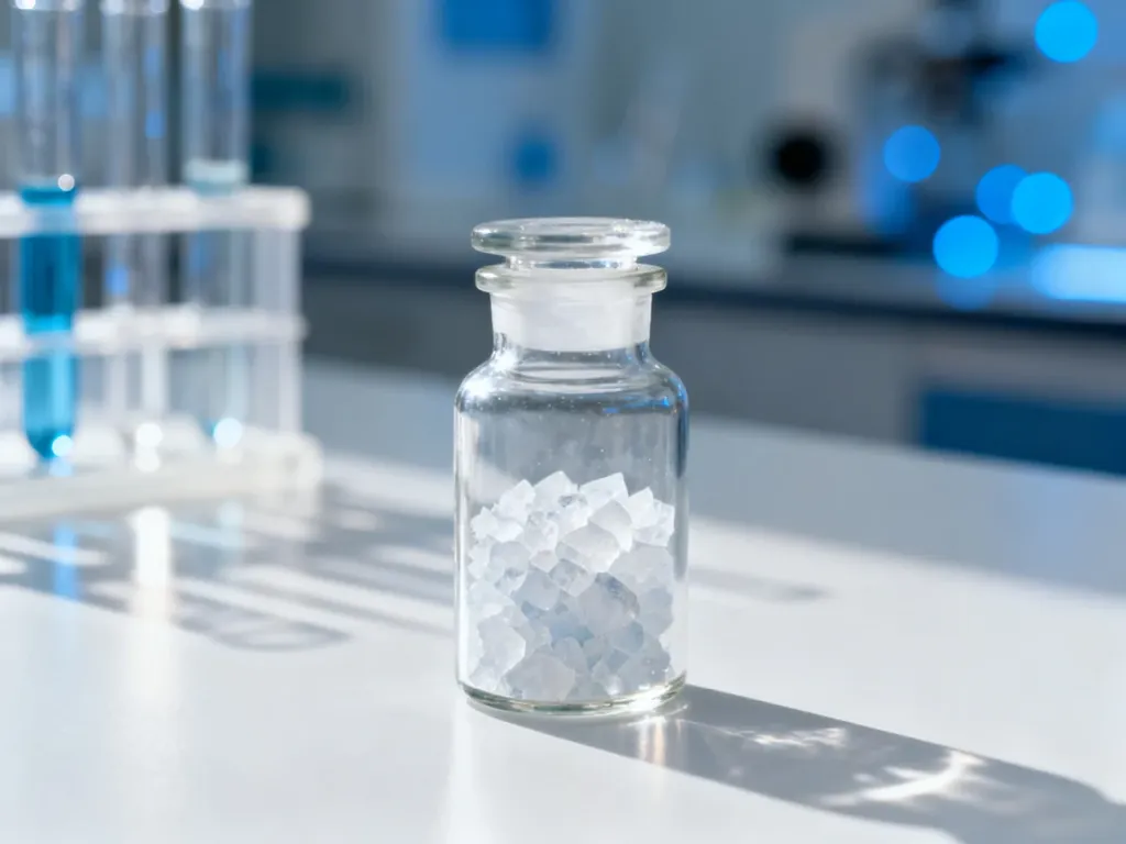 Kryształki kwasu salicylowego w szklanej butelce na laboratoryjnym stole, podkreślające farmaceutyczne właściwości składnika.