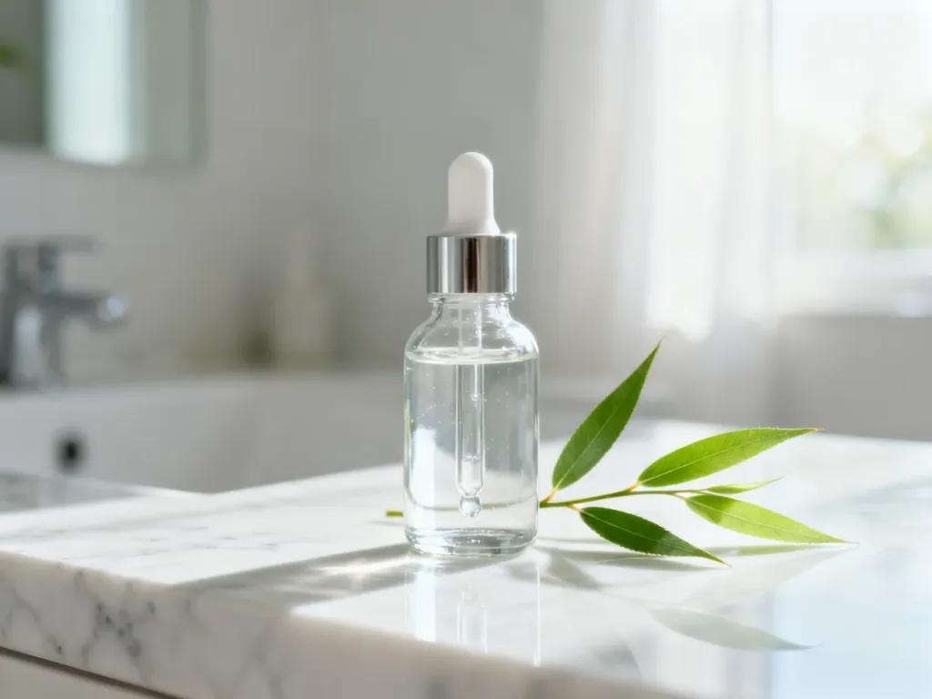 Szklana buteleczka z serum z kwasem salicylowym na marmurowym blacie w otoczeniu liści wierzby.