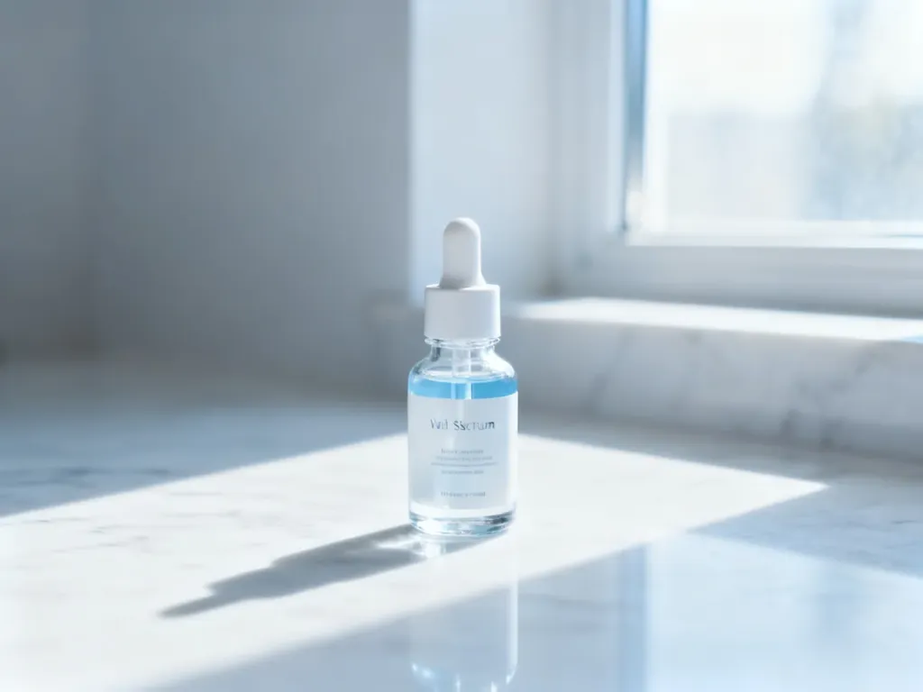 Szklana buteleczka z serum pielęgnacyjnym na marmurowym blacie w promieniach porannego słońca.