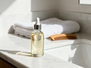 Szklana buteleczka z serum z kwasem salicylowym na marmurowym blacie w otoczeniu liści wierzby.
