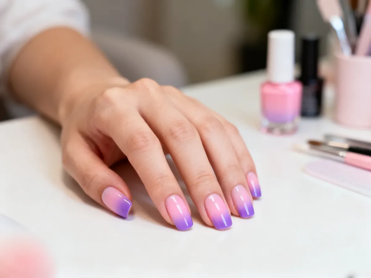 Dłoń z pastelowym manicure ombre w odcieniach różu i fioletu