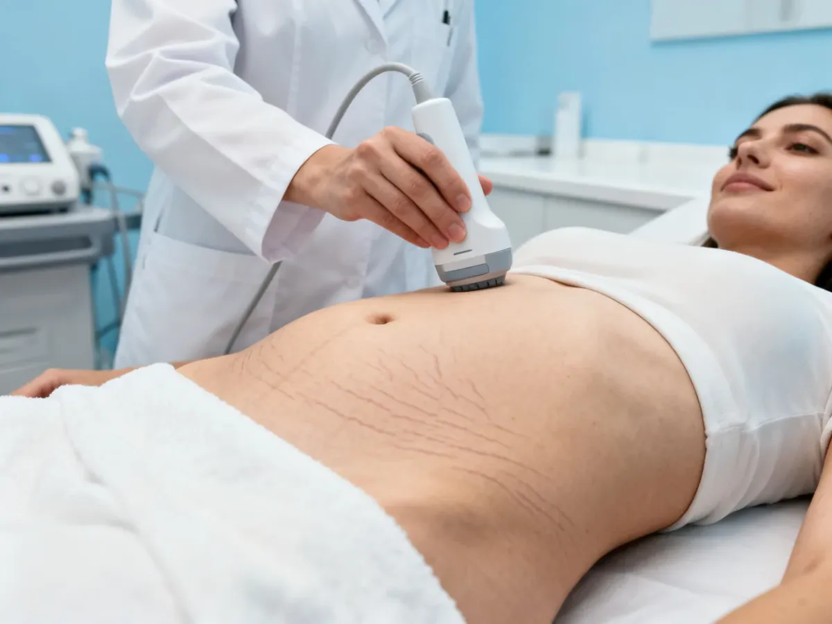Specjalista oceniający rozstępy na skórze pacjentki w gabinecie dermatologicznym